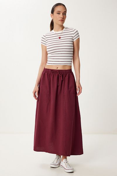 Lovelyİstanbul Fusta evazată din denim cu efect decolorat BORDO LMX0074