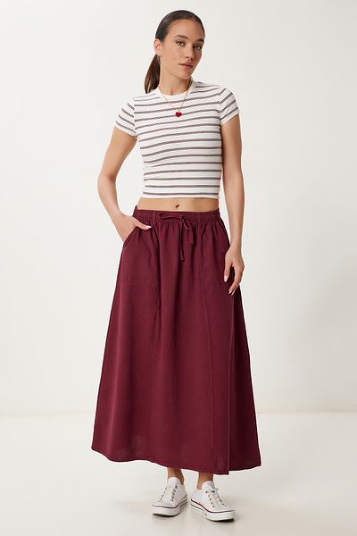 Lovelyİstanbul Fusta evazată din denim cu efect decolorat BORDO LMX0074