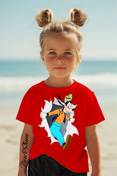 New Shine Goofy Printed Oversize Children's T-Shirt Red