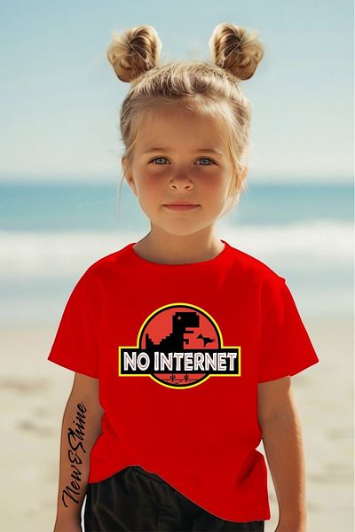 New Shine No Internet Dinosaur Printed Oversized Children's T-Shirt