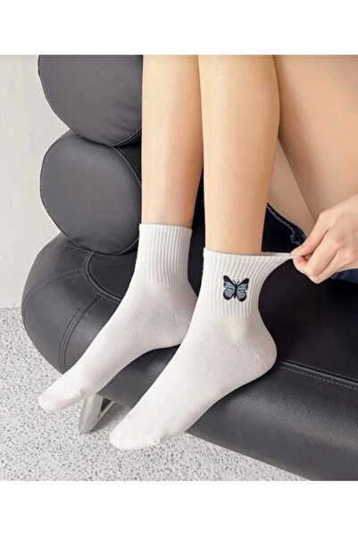ASGÜL SOCKS Σετ κολεγιακές κάλτσες χωρίς ραφή χτενισμένες βαμβακερές κεντήματα πεταλούδας 5 ζευγάρια