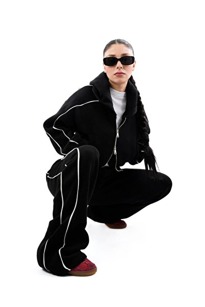 MODA Şerit detaylı, fermuarlı hoodie ve bol paça eşofman takımı