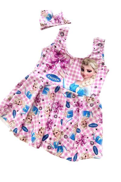 Şekerkids Girl's Pink Color Bonnet Skirt Swimsuit