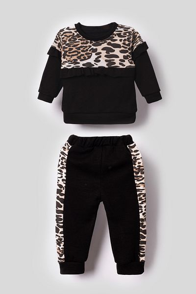 Bubito Leopard Detailed Ruffled Baby Girl Child Bottom Top 2-Piece Set-Black