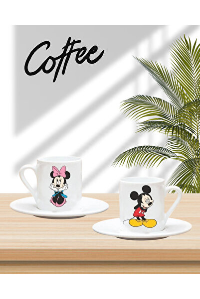 Home Mickey Mouse Sevgililere Özel Hediye 2li Set Beyaz Baskılı Kahve Fincanı