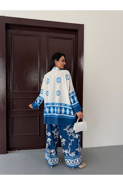 WellWay Imported Jessica Fabric Shirt & Pants 2 Piece Set-Turquoise Floral-25100