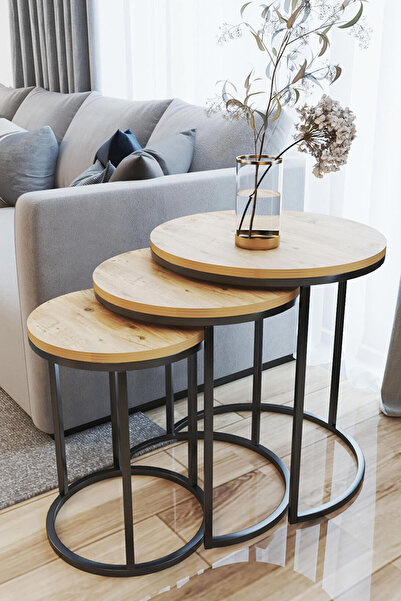 home plus mobilya 3'lü Zigon Sehpa Siyah Ayak Atlantik Çam 18mm Sunta