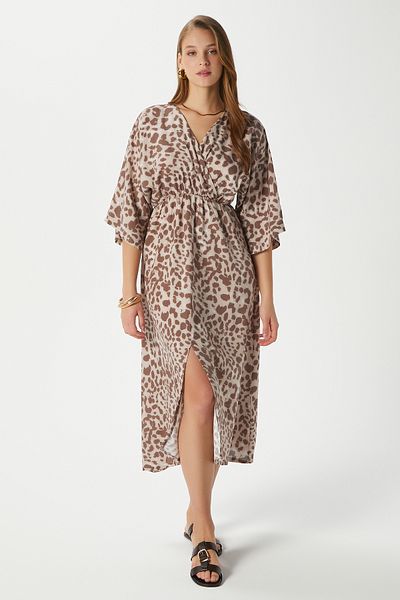 Ritnice Rochie de damă Jessica maro cu imprimeu leopard, cu fante elastică în talie, din viscoză