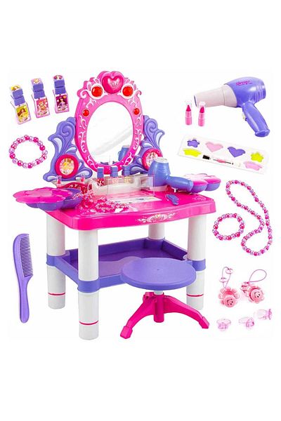 BUNCA Vanity Beauty Playset 16-Piece Girls Makeup Toy with Lights, Sounds, Mirror, Chair, and Hairdryer