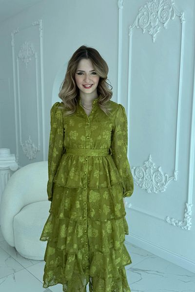 HELİS BUTİK Embroidered Layered Flounce Oil Green Dress