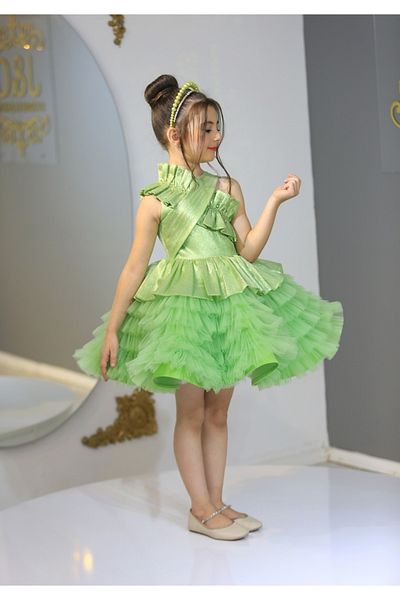 Ribbon kids One Shoulder Flounce Princess Gown Evening Dress. The Bag, the Hair Cap,