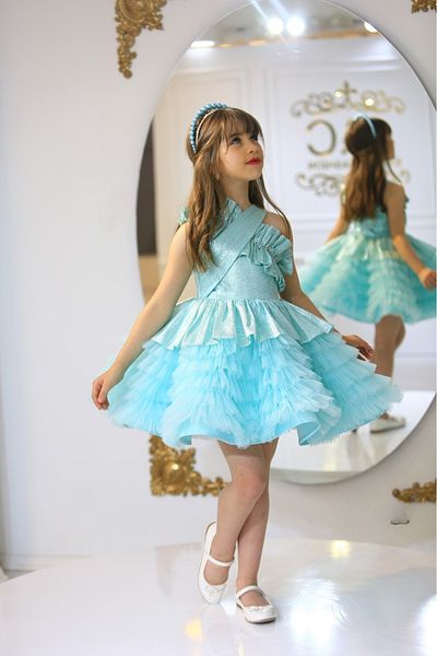Ribbon kids One Shoulder Flounce Princess Gown Evening Dress. The Bag, the Hair Cap,
