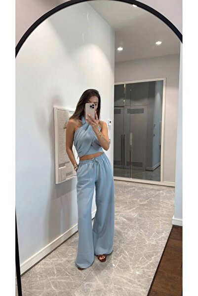 Miss Beyoğlu Vizon Boyun Bağlama Detaylı %100 Keten Takım