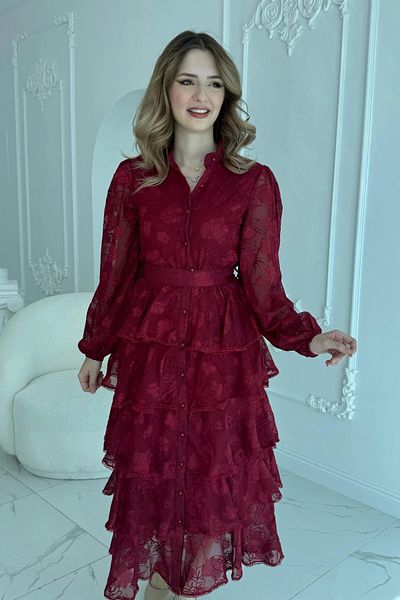 HELİS BUTİK Embroidered Layered Flounce Burgundy Dress