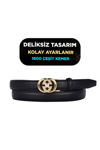 Kar-Pa Black Women's Belt Without Holes with Automatic Buckle, Trouser Belt, ...