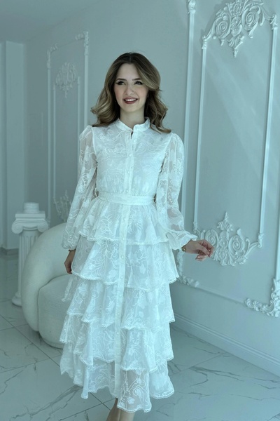 HELİS BUTİK Κέντημα Κεντημένο Λευκό Φόρεμα με Πτυχές