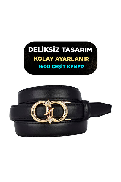 Kar-Pa Black Women's Belt Without Holes with Automatic Buckle, Trouser Belt, ...