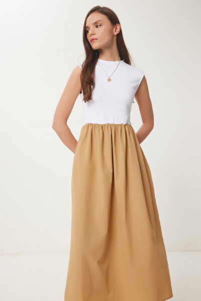 Happiness İstanbul Dámské sušenkové bílé pletené topy letní popelínové šaty UB00289