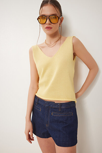 Happiness İstanbul Kadın Sarı V Yaka Yazlık Triko Bluz Kİ00115