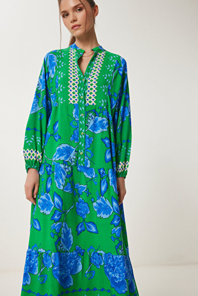 Happiness İstanbul Γυναικείο Πράσινο Μπλε Φαρδύ Καλοκαιρινό Φόρεμα CI00117