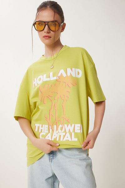 Happiness İstanbul Damen-T-Shirt mit übergroßem, bedrucktem, ölgrünem Strickmuster JH00054