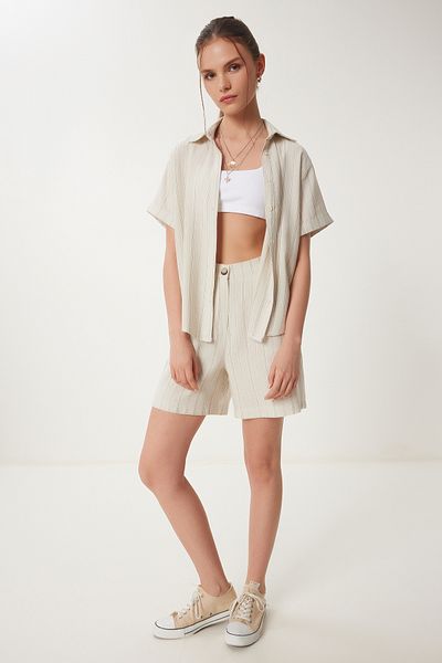 Happiness İstanbul Women's Cream Striped Linen Shorts Shirt Suit Zv00302