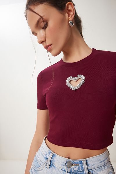 Happiness İstanbul Damen Burgund Chic Stein Herz Detaillierte Crop Gestrickte Bluse KH00101