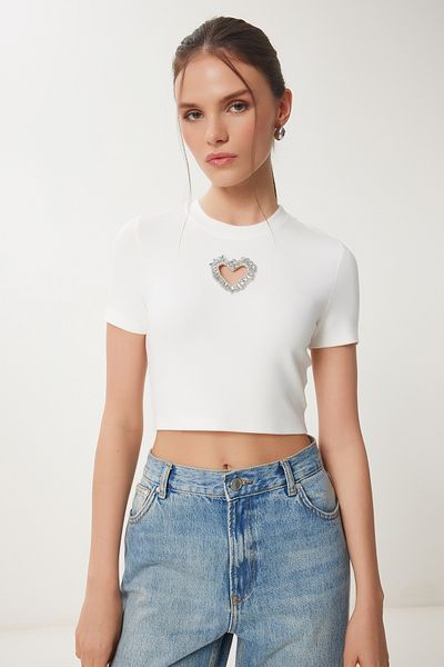 Happiness İstanbul Damen Bone Stylish Stone Heart Detaillierte Crop-Strickbluse KH00101
