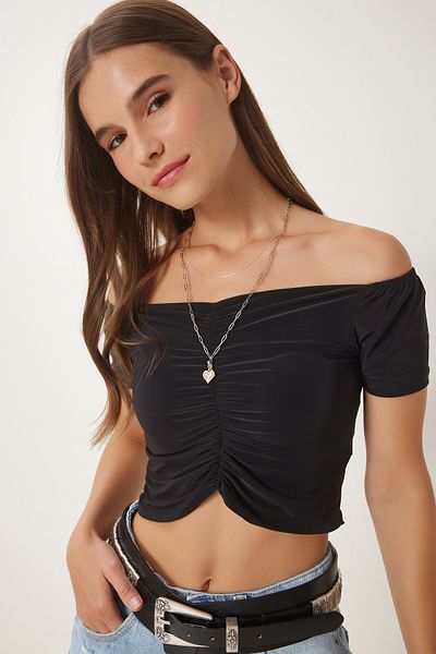 Happiness İstanbul Women's Black Gather Detailed Crop Sandy Blouse Li̇00117