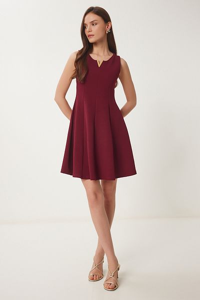 Happiness İstanbul Burgunderrotes Mini-Strickkleid mit Volant für Damen ZV00296