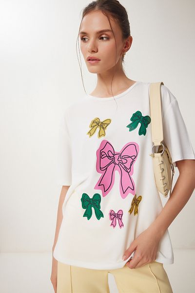 Happiness İstanbul Women's White Bow Printed Knitted T-Shirt Vn00024