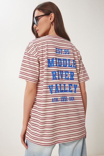 Happiness İstanbul Cremefarbenes, burgunderrotes, gestreiftes, bedrucktes Strick-T-Shirt für Damen CR00487