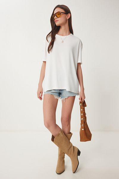 Happiness İstanbul Weißes Basic-Strick-T-Shirt für Damen EN00642