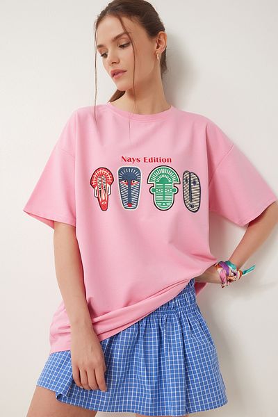 Happiness İstanbul Rosa Oversize-T-Shirt mit bedrucktem Strickmuster für Damen ZV00279