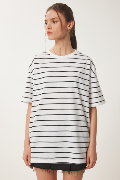 Happiness İstanbul Női fehér csíkos oversize kötött póló ZV00285