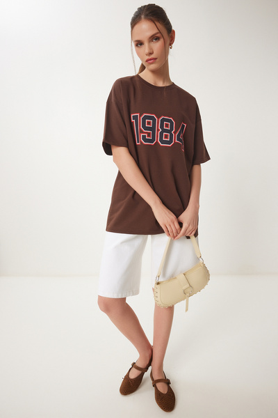 Happiness İstanbul Γυναικείο Πλεκτό Μπλουζάκι Καφέ Oversize με στάμπα ZV00280