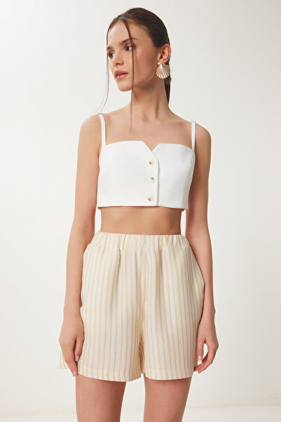 Happiness İstanbul Kadın Krem Bej Çizgili Cepli Müslin Şort RG00059