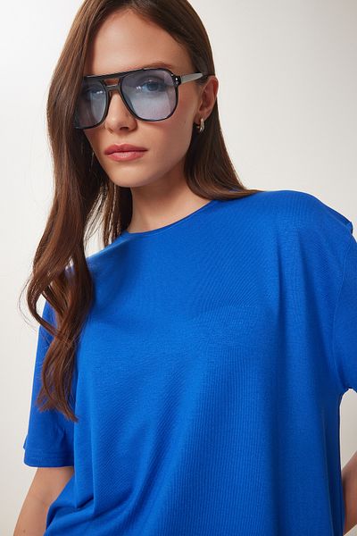 Happiness İstanbul Dunkelblaues Basic-Strick-T-Shirt für Damen EN00642