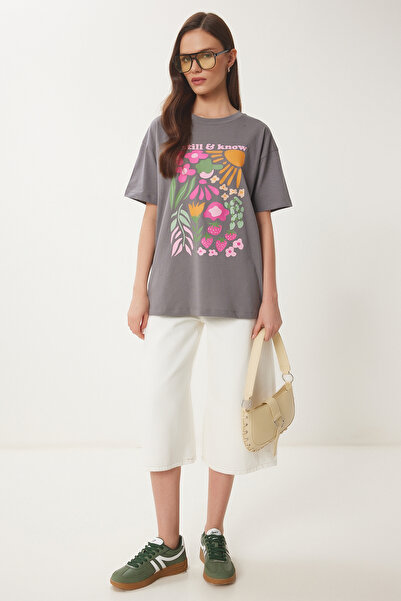 Happiness İstanbul Γυναικείο πλεκτό μπλουζάκι καπνιστό oversize με στάμπα CR00484