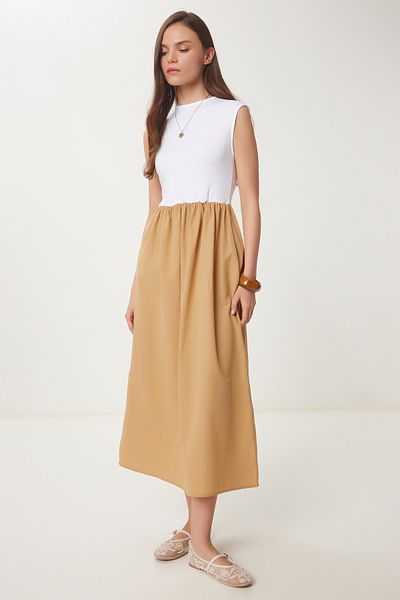 Happiness İstanbul Damen Biscuit Weißes Strickoberteil Sommerkleid aus Popeline in A-Linie UB00289