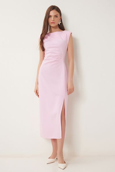 Happiness İstanbul Rosa wattiertes drapiertes Midi-Webkleid für Damen WF00101