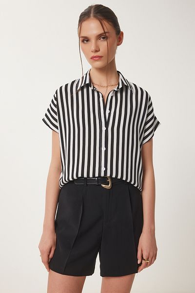 Happiness İstanbul Women's Black White Striped Short Sleeve Viscose Shirt En00641