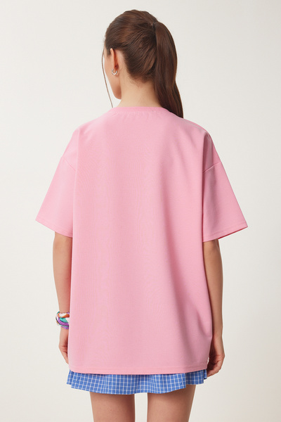 Happiness İstanbul Γυναικείο Πλεκτό Μπλουζάκι με Ροζ Oversize εμπριμέ ZV00279
