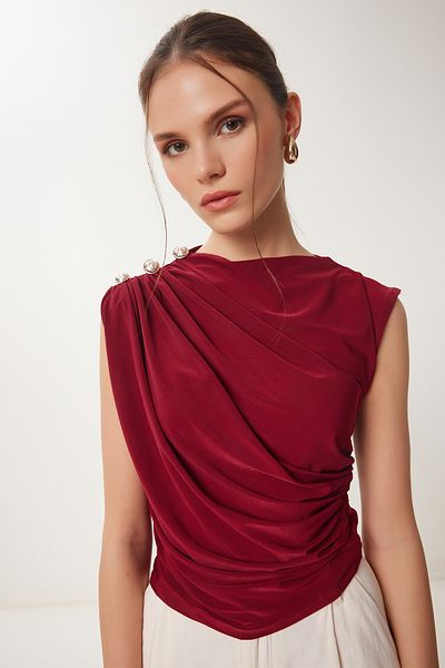 Happiness İstanbul Burgunderrote, drapierte, detaillierte, geknöpfte Sandy-Bluse für Damen RX00056