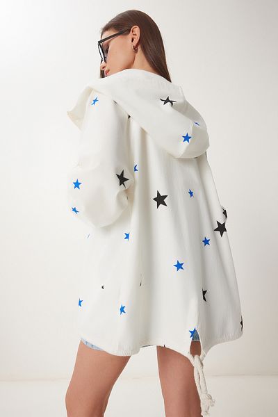Happiness İstanbul Cremeschwarz gemusterte Damen-Leinenjacke mit Kapuze SA00036