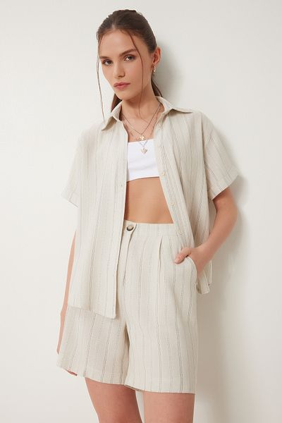 Happiness İstanbul Women's Cream Striped Linen Shorts Shirt Suit Zv00302