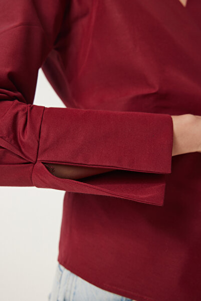 Happiness İstanbul Dámská vínová košile s límečkem zavinovací popelínová halenka DP00243