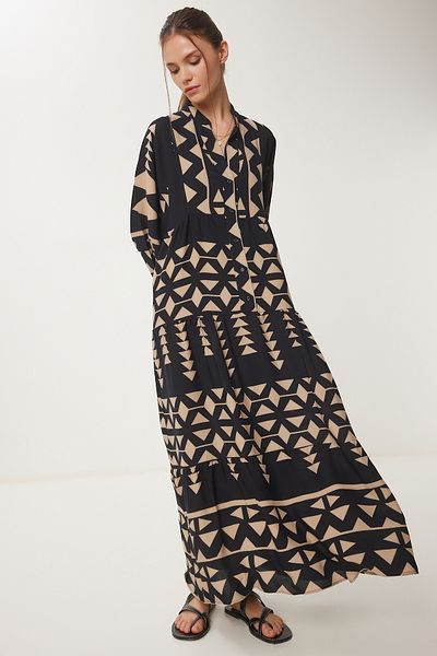 Happiness İstanbul Rochie de vară cu modele cu croi largi, negru, bej, CI00117
