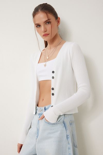 Happiness İstanbul Weiße, stilvolle Sommer-Strickjacke mit Knöpfen für Damen ZA00075
