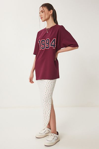 Happiness İstanbul Burgunderrotes Oversize-T-Shirt mit bedrucktem Strickmuster für Damen ZV00280